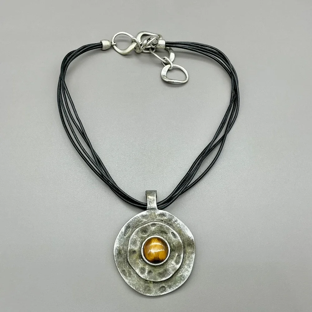 Premier Designs Necklace Tiger Eye Pendant Black Cord Silver Tone 18-20 In